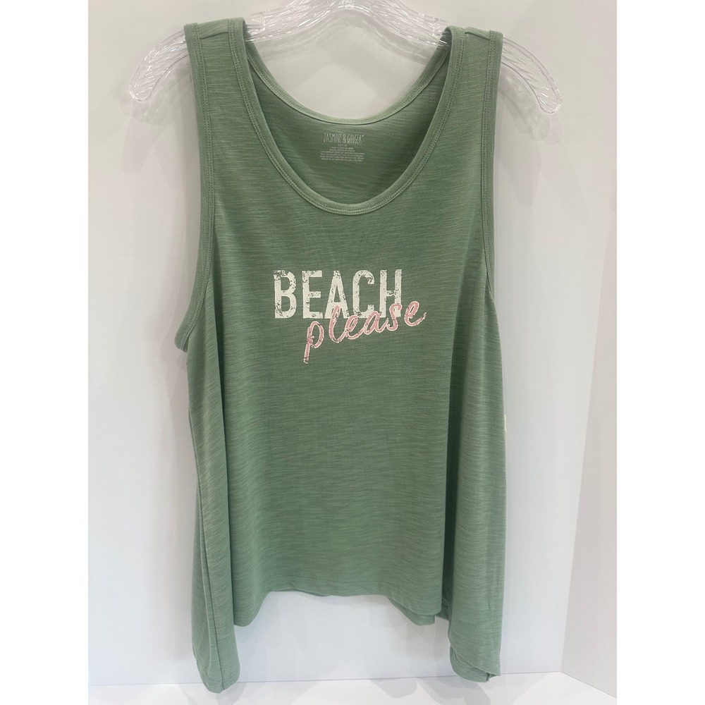 Jasmine & Ginger Beach Please Tank Top Sage Green Slub Knit Graphic Tee Medium